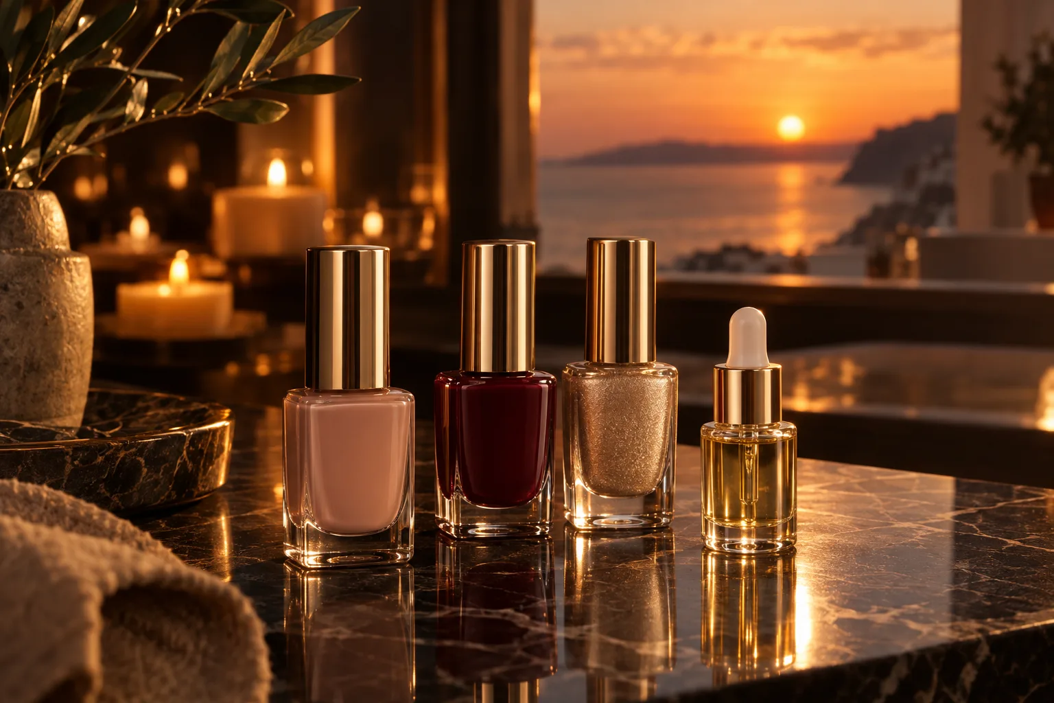 nude, burgundy and champagne nail polishes on dark marble
