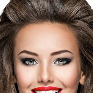 a smiling client with red lips