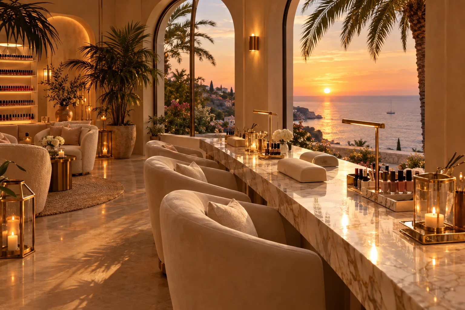 the studio lounge at dusk: velvet armchairs, marble table, candles and a sea view